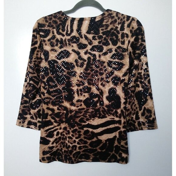 Womens Pullover Top Leopard print Sz L Embellished V Neck Daniel Laurent Stretch - Picture 2 of 8